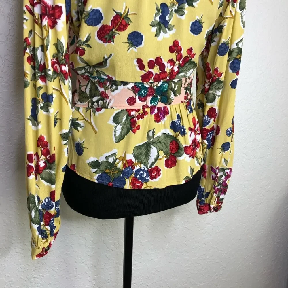 Anthropologie Meadow Rue yellow pink mixed floral wrap front top size 6 - Picture 13 of 16